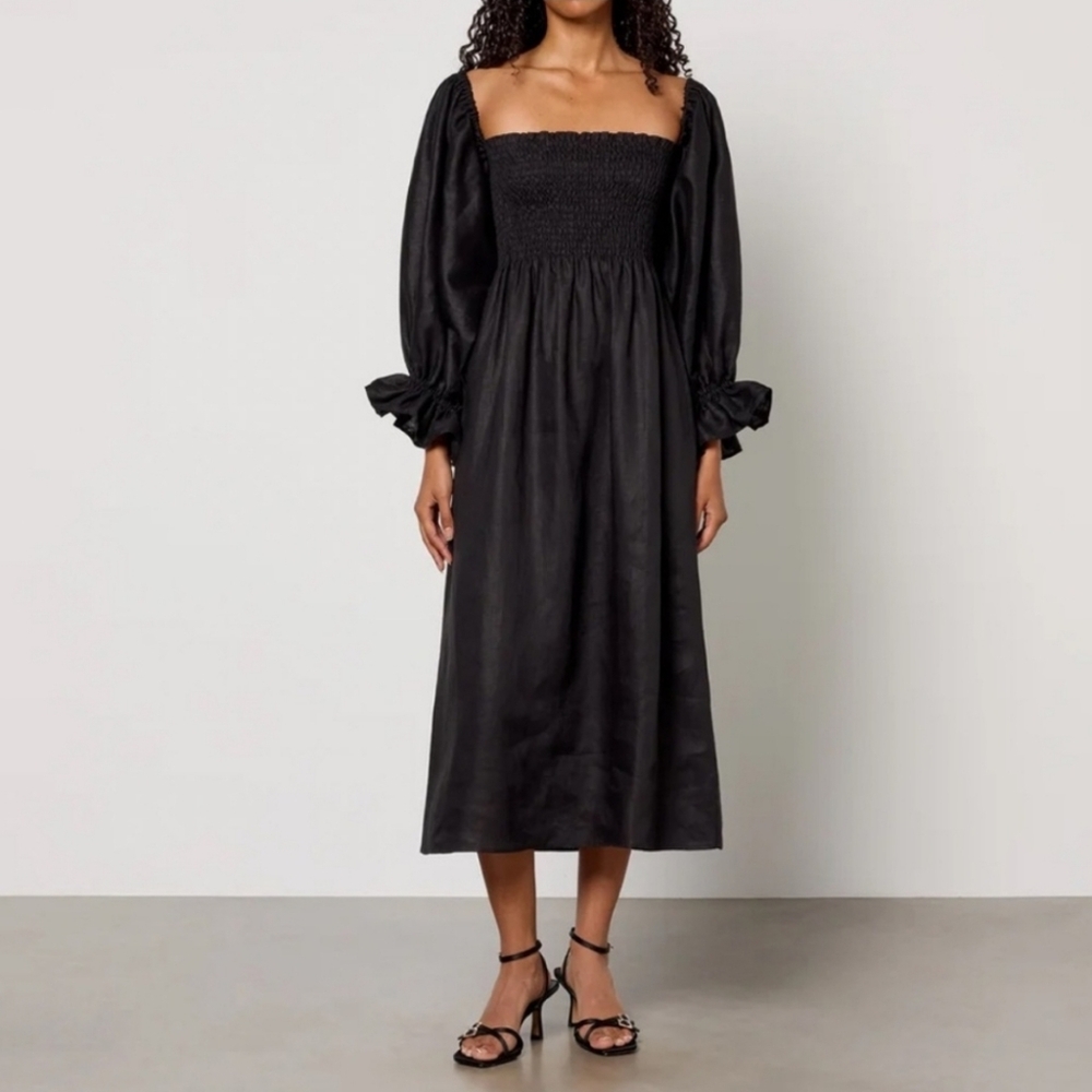 Sleeper Black Smocked Square-Neck Midi Dress